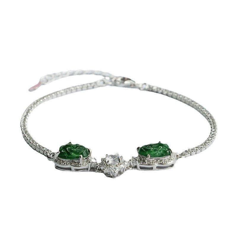 Emperor Green Pixiu Sterling Silver Bracelet with Natural Jade