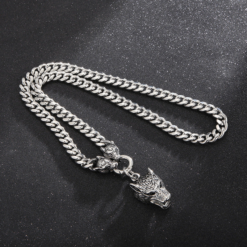 Titanium Steel Wolf Head Bracelet and Necklace Set for Men - Punk Trendy Stainless Steel Chain with Round Ring Buckle