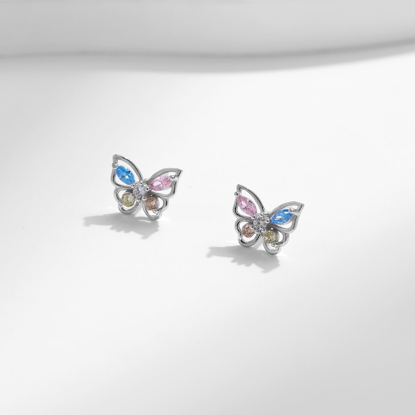 925 Sterling Silver Dopamine Color Butterfly Stud Earrings - Sweet and Delicate Korean Version