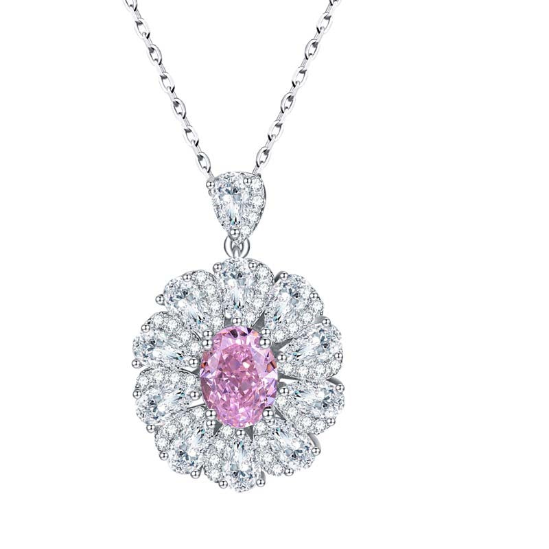 Flower Halo Oval Cut Pink Zircon Silver Necklace