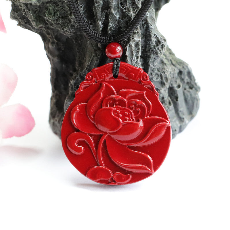 Cinnabar Pendant with Purple Sand Lotus Carving, Sterling Silver Jewelry