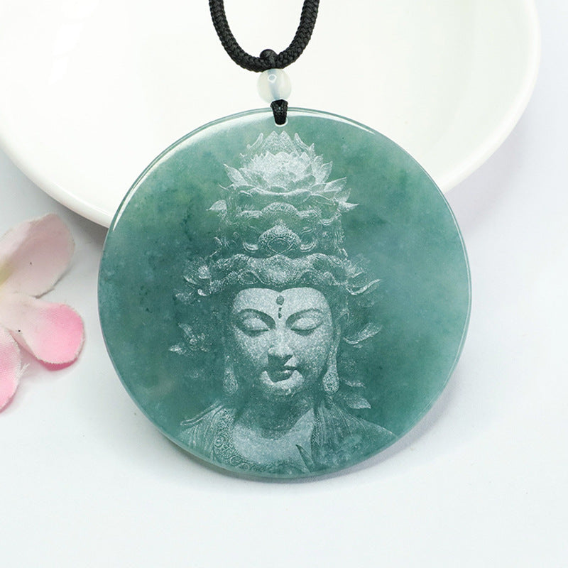 Carved Green Jade Guanyin Round Pendant