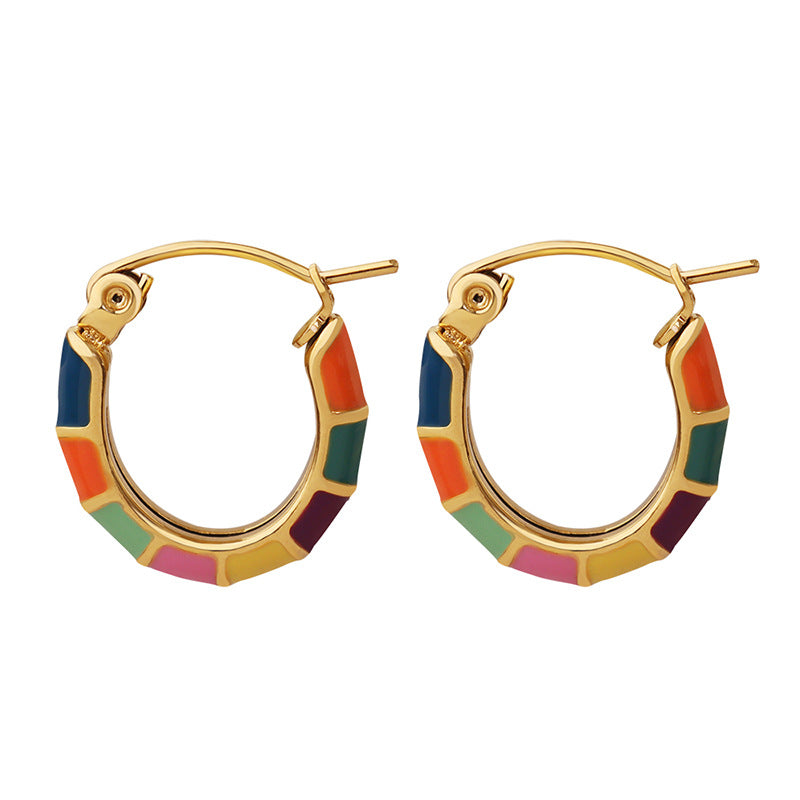 Colorful Patchwork Oil Dripping Earrings in Titanium Steel Gold-Plated Finish