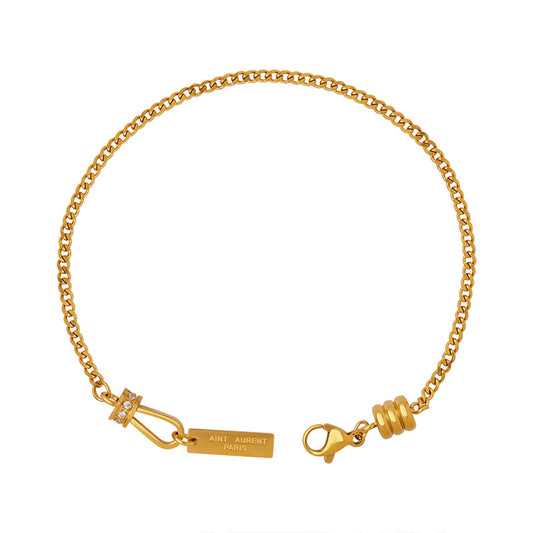 Elegant Square Pendant Bracelet with Gold-Plated Titanium Steel and Zircon Lettering