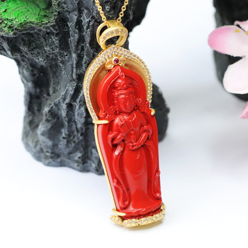 Divine Cinnabar Guanyin Necklace in Red Sand Golden Finish