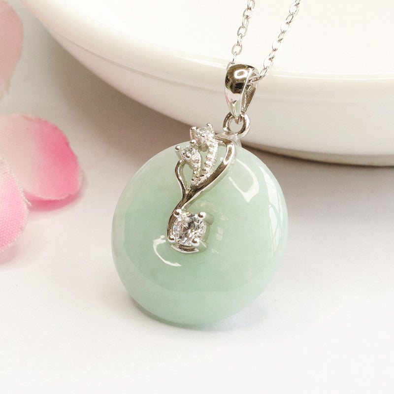 Sterling Silver Jadeite Ping An Necklace with Fortune's Favor Charm