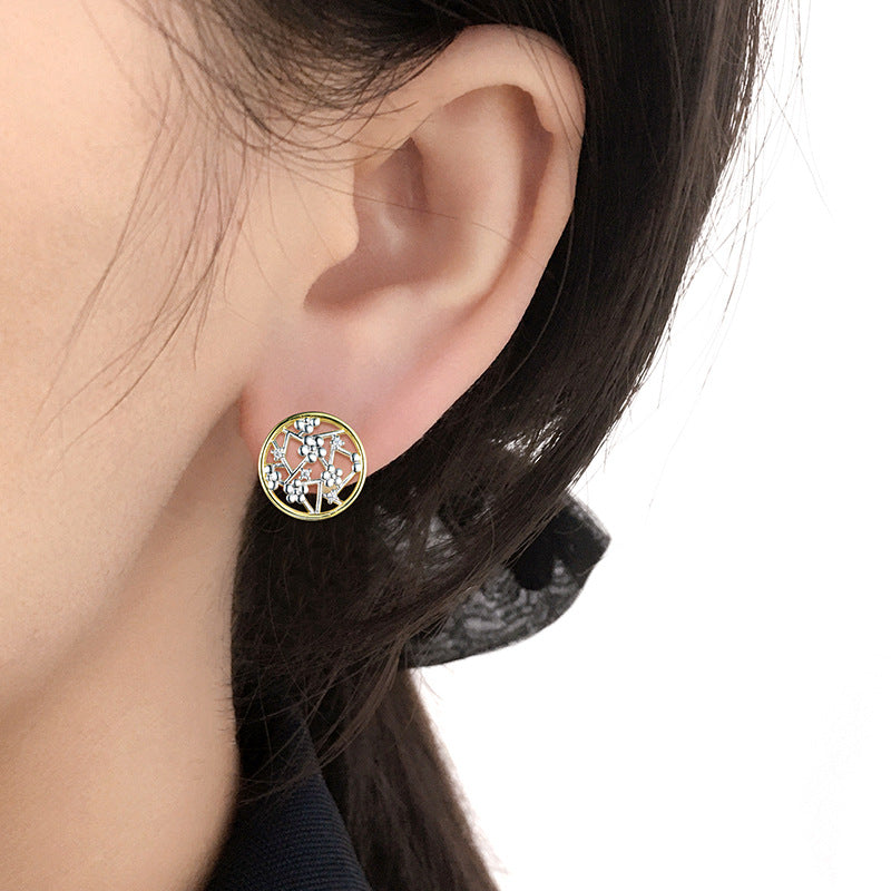 Plum Flower Hollow Circle Zircon Sterling Silver Stud Earrings