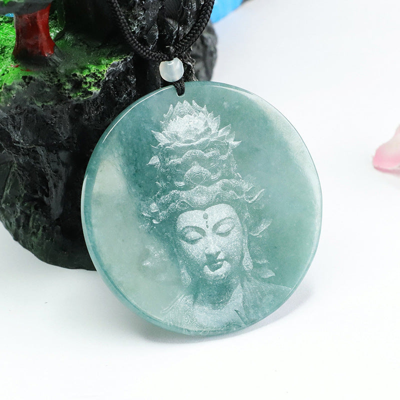 Carved Green Jade Guanyin Round Pendant