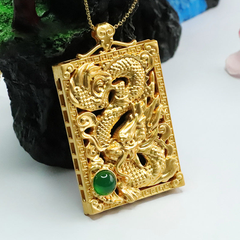 Ice Green Chalcedony Dragon Rectangle Pendant