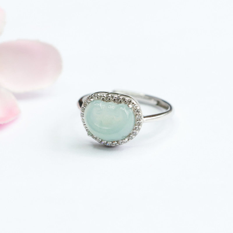 Sterling Silver Adjustable Ice Blue Green Jade Ruyi Ring with Zircon Halo