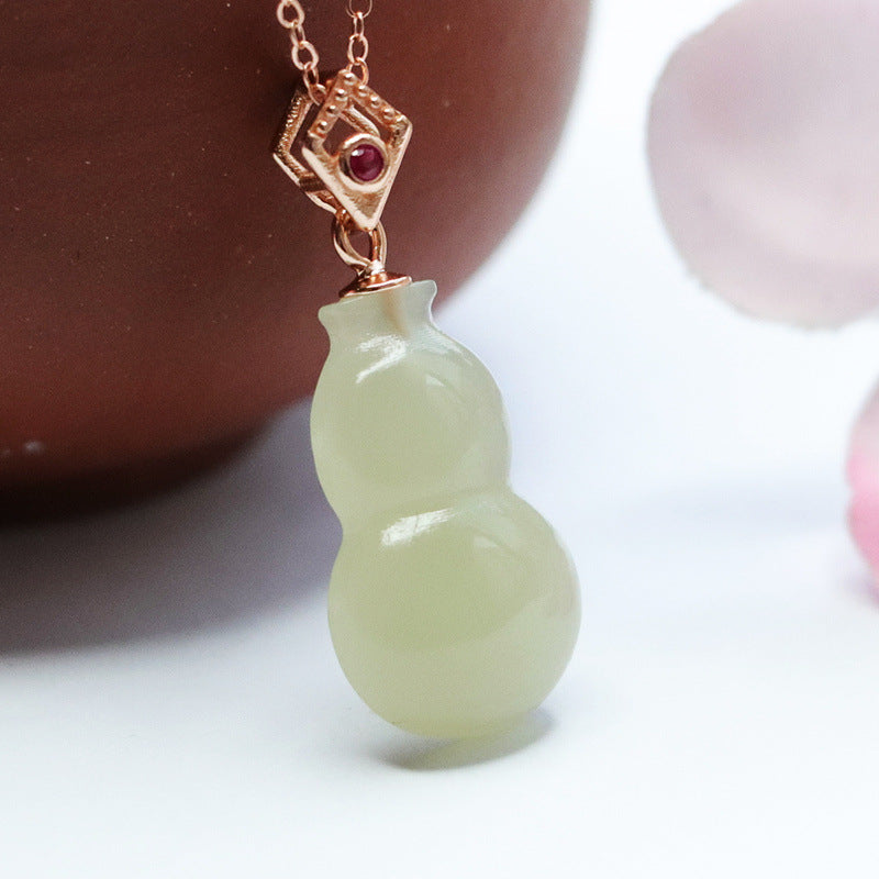 Fortune's Favor S925 Sterling Silver Gourd and Rhombus Jade with Zircon Necklace