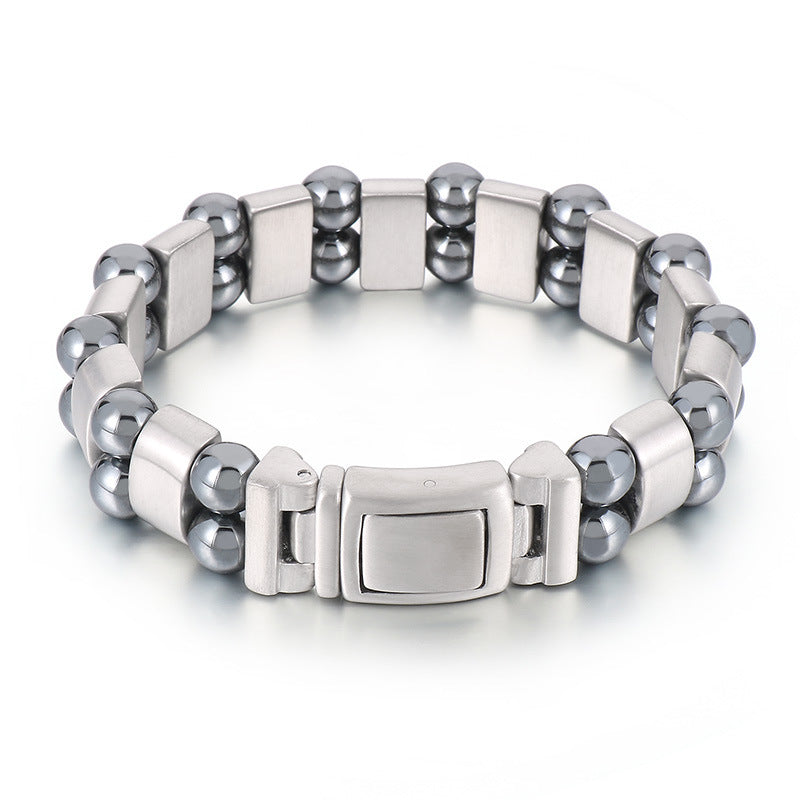 Stylish Double-Row Gray Iron Stone Bead Men's Bracelet in Stainless Steel