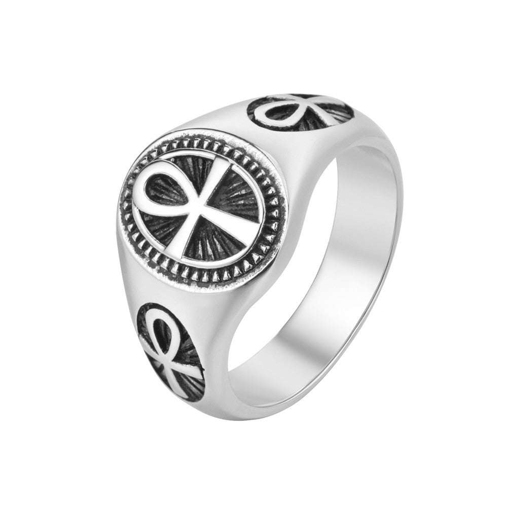 Egyptian Ankh Cross Oval Titanium Steel Ring for Men