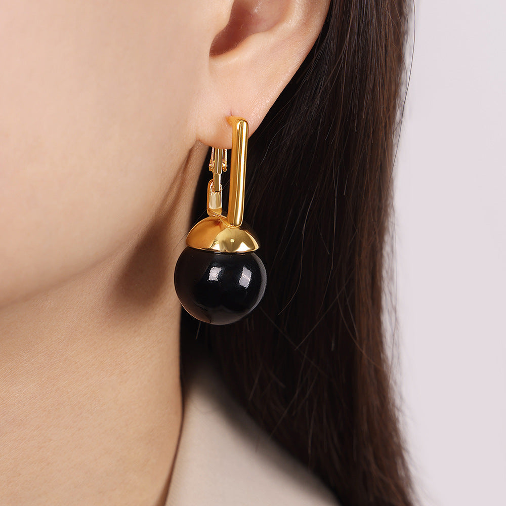 Extravagant Titanium Steel Earrings with Gold-Plated Bead Pendant