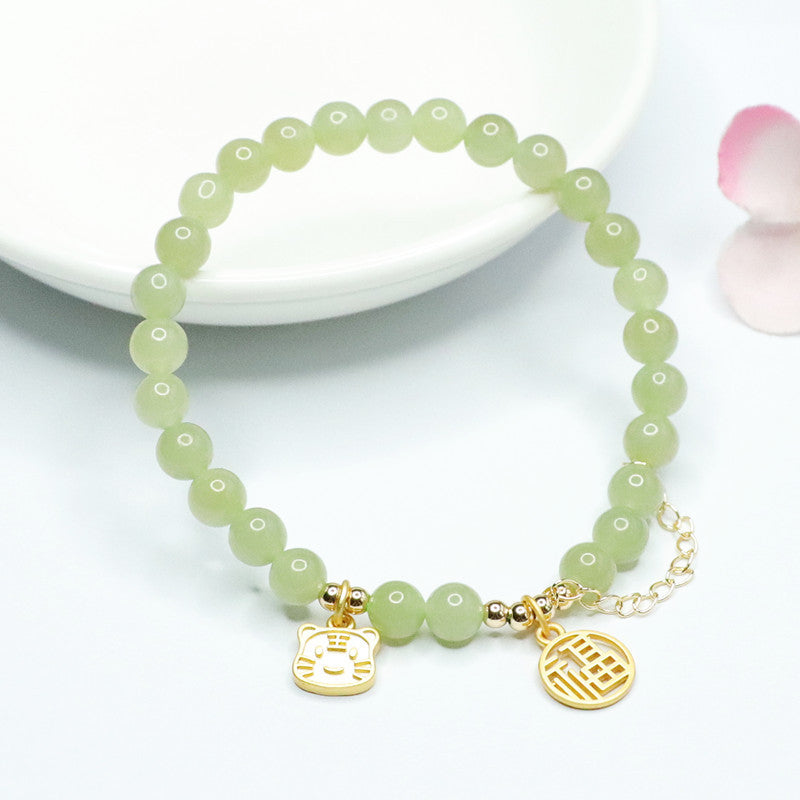 Jade Tiger Tassel Bracelet with Sterling Silver Charm