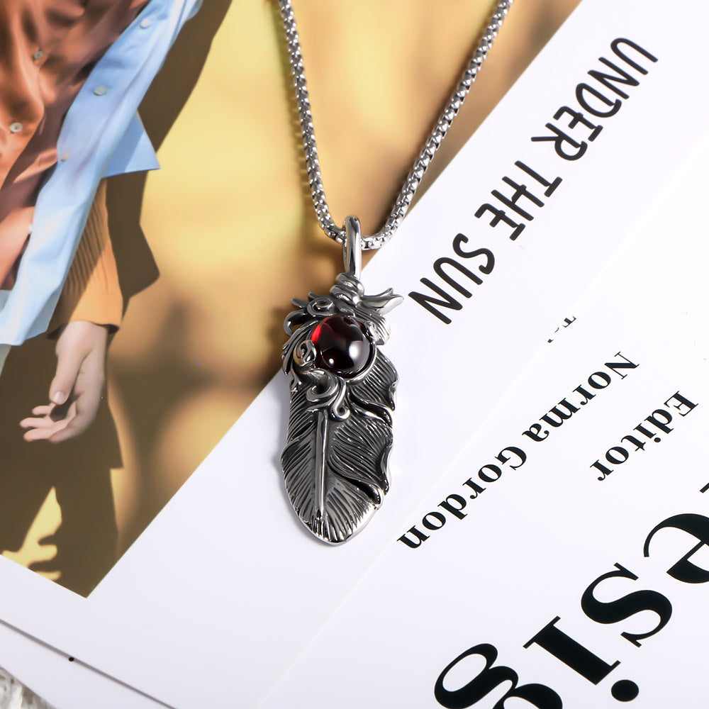 Hipster Fashion Titanium Steel Necklace with Red Stone Feather Pendant for Men