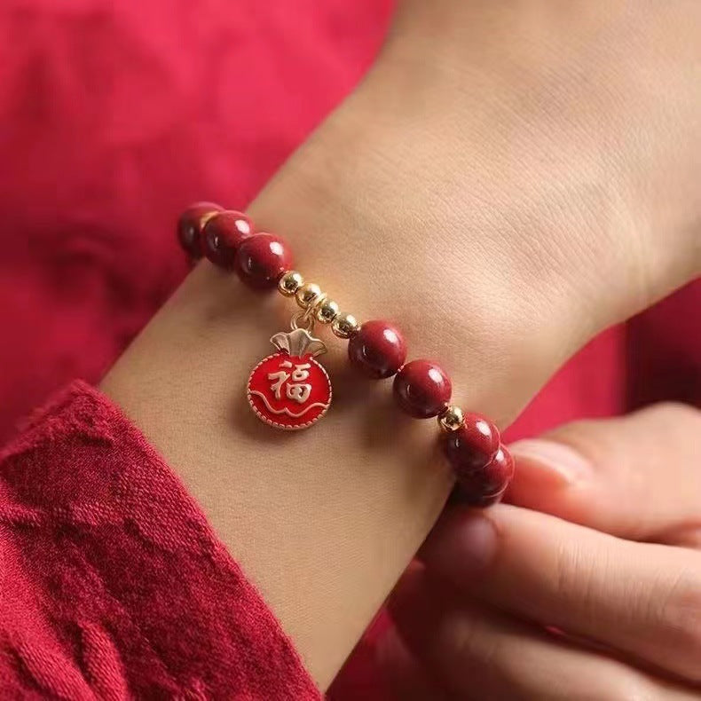 Lucky Bag Tassel Bracelet with Cinnabar Stone