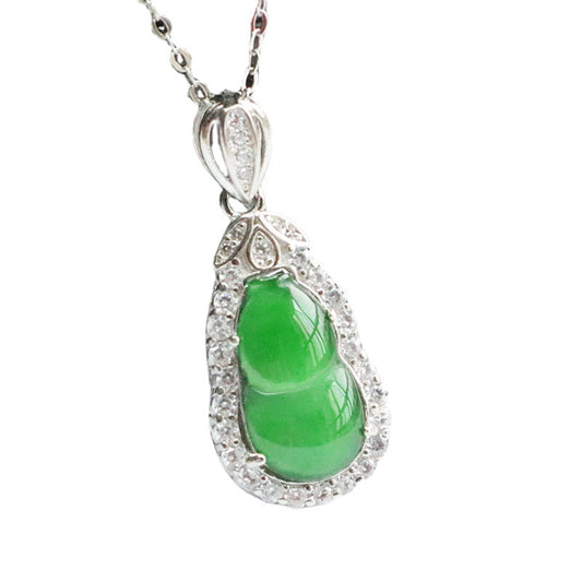 Sterling Silver Lucky Green Gourd Pendant Necklace with Zircon Leaf Accents