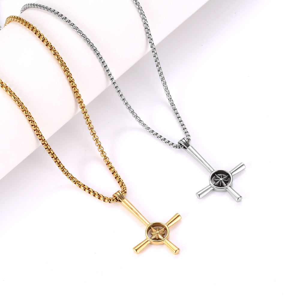 Stylish Stainless Steel Cross Necklace with Star Flower Pendant - Punk Hip-Hop Design for Men