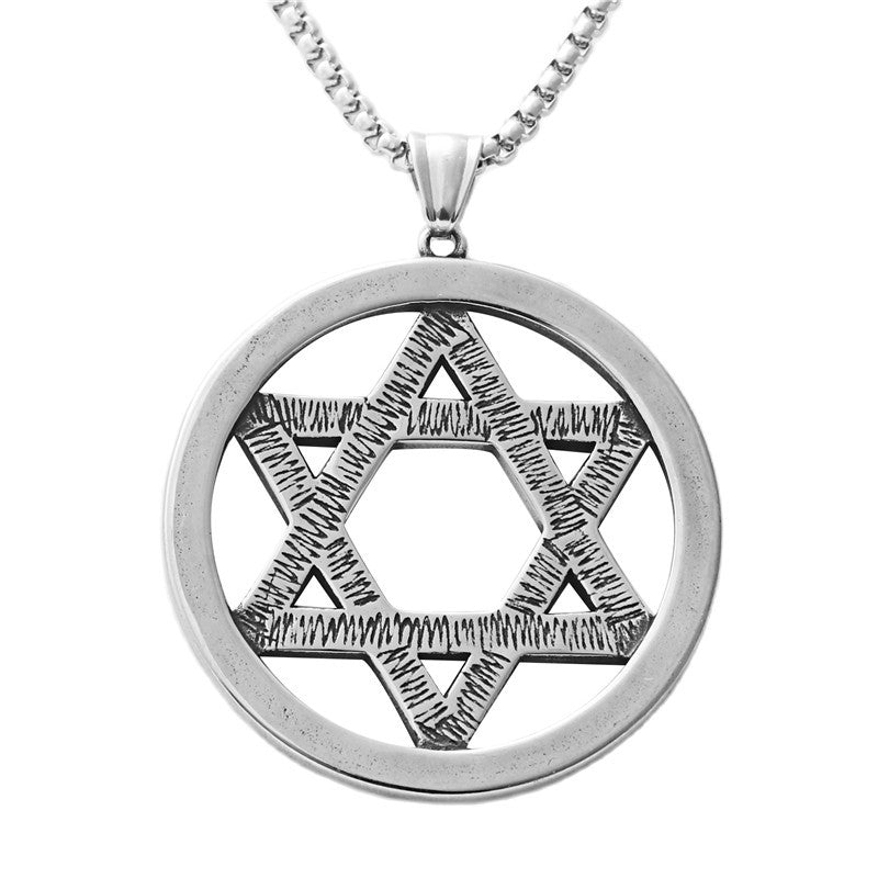 Titanium Steel Hexagram Pendant Necklace - Retro Punk Design with White Stone Star for Men and Women