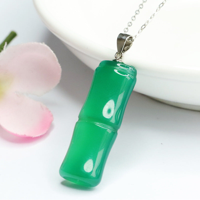 Sterling Silver Necklace with Green Chalcedony Bamboo Pendant