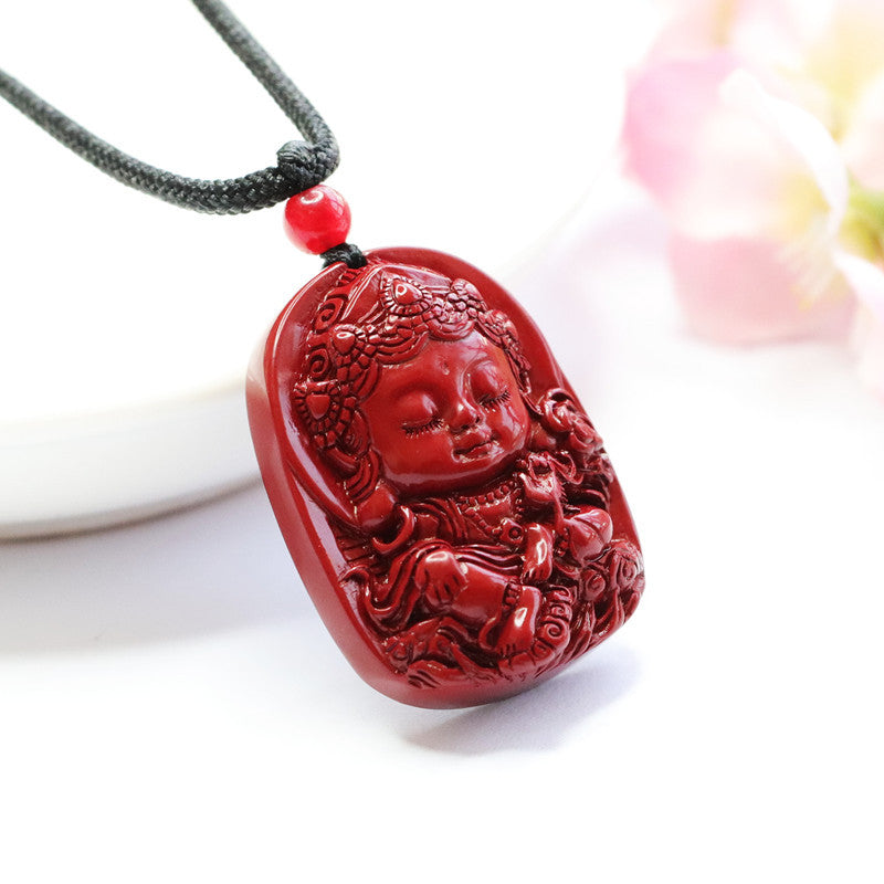 Baby Tara Buddha Purple Gold Sand Pendant with Cinnabar Stone