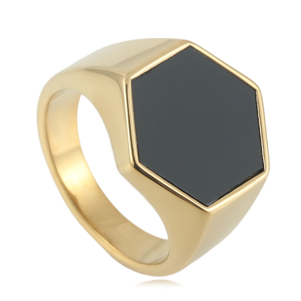 Trendy Hexagonal Titanium Steel Ring for Men and Women - Punk Retro Multi-Color Design