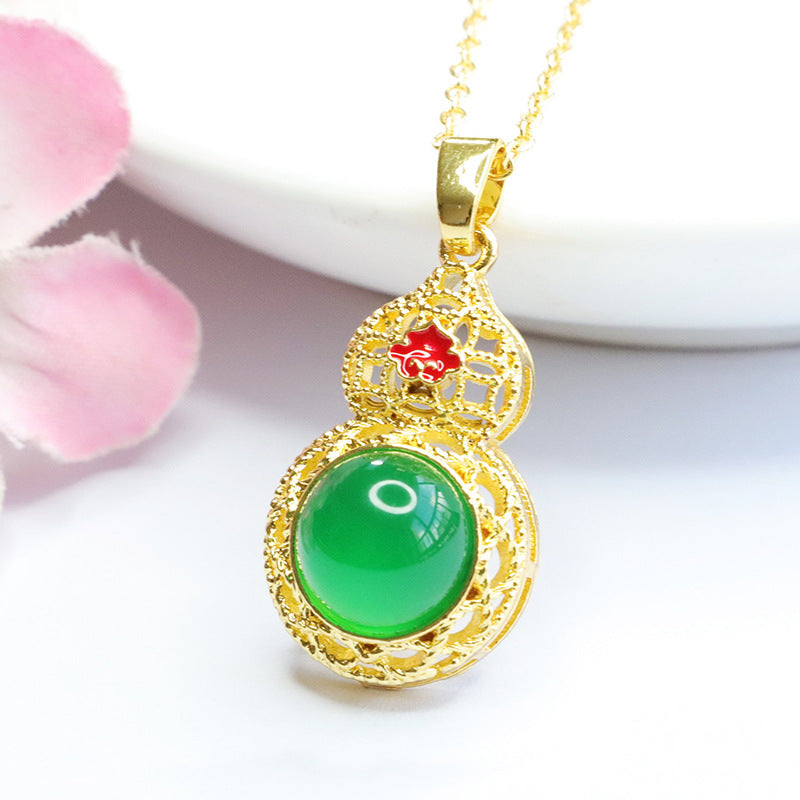 Emperor Green Chalcedony Gourd Pendant with Sterling Silver Ethnic Charm