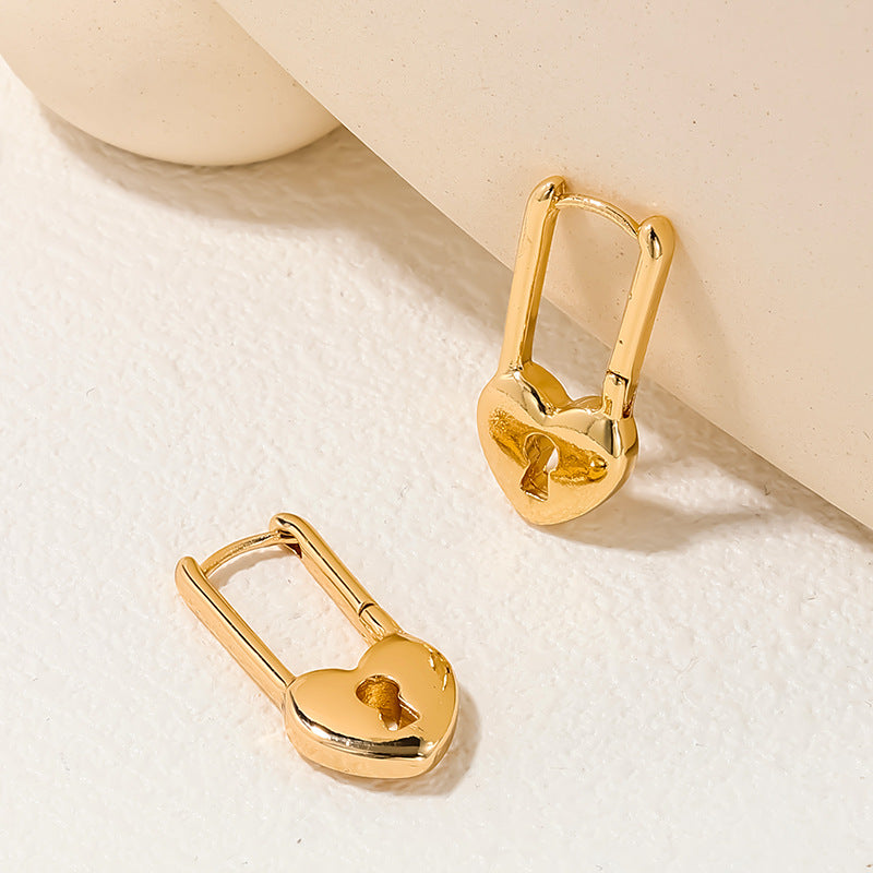 Metal Heart Pins and Lock Buckles Earrings - French Light Luxury Style