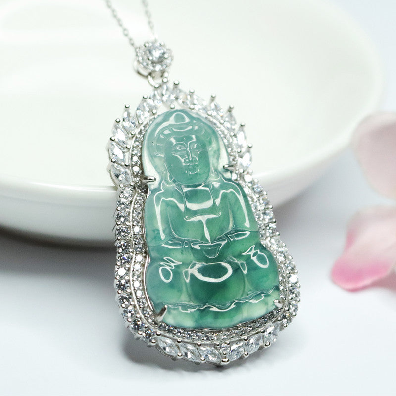 Sterling Silver Guanyin Necklace with Natural Blue Green Jade and Zircon Accents