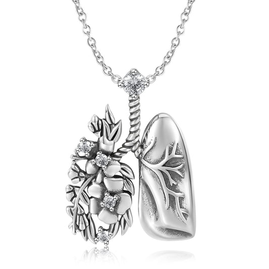 Lungs and Flower Pendant Silver Necklace