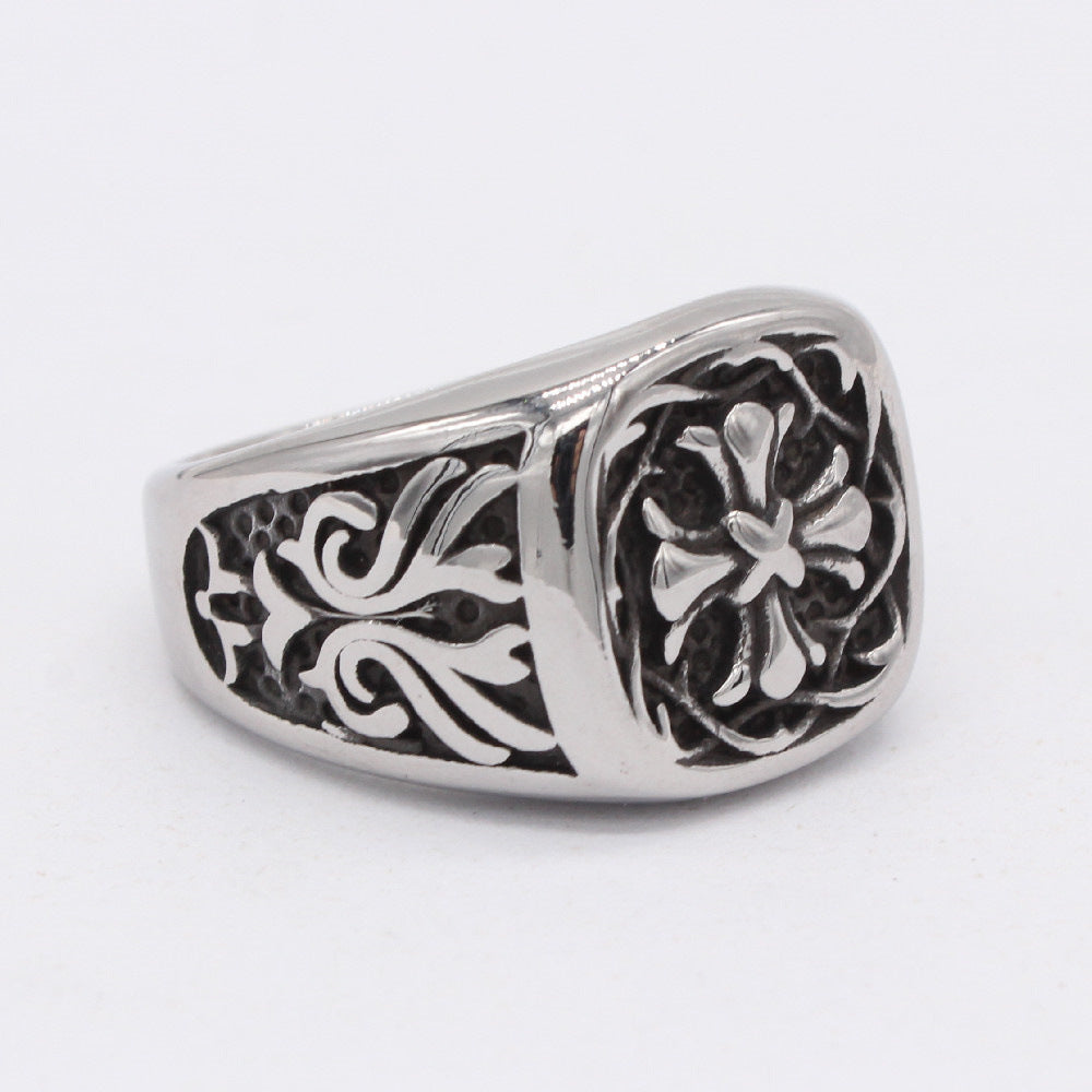 Relief Cross Flower Square Titanium Steel Ring for Men