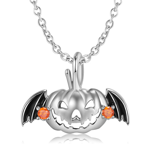 Halloween Flying Pumpkin Pendant Zircon Silver Necklace