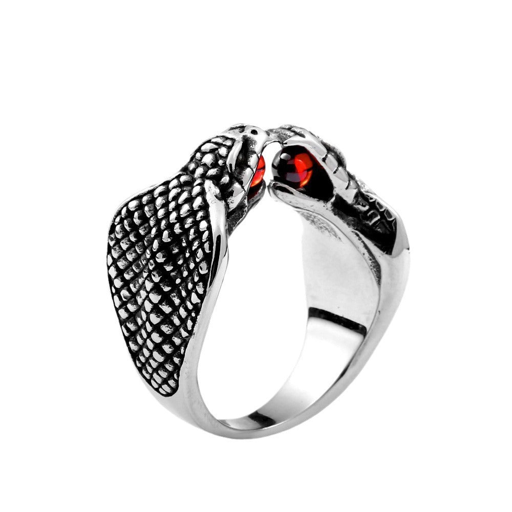 Trendy Titanium Steel Snake Ring for Men with Red Zircon Inlay - Exaggerated European and American Jewelry