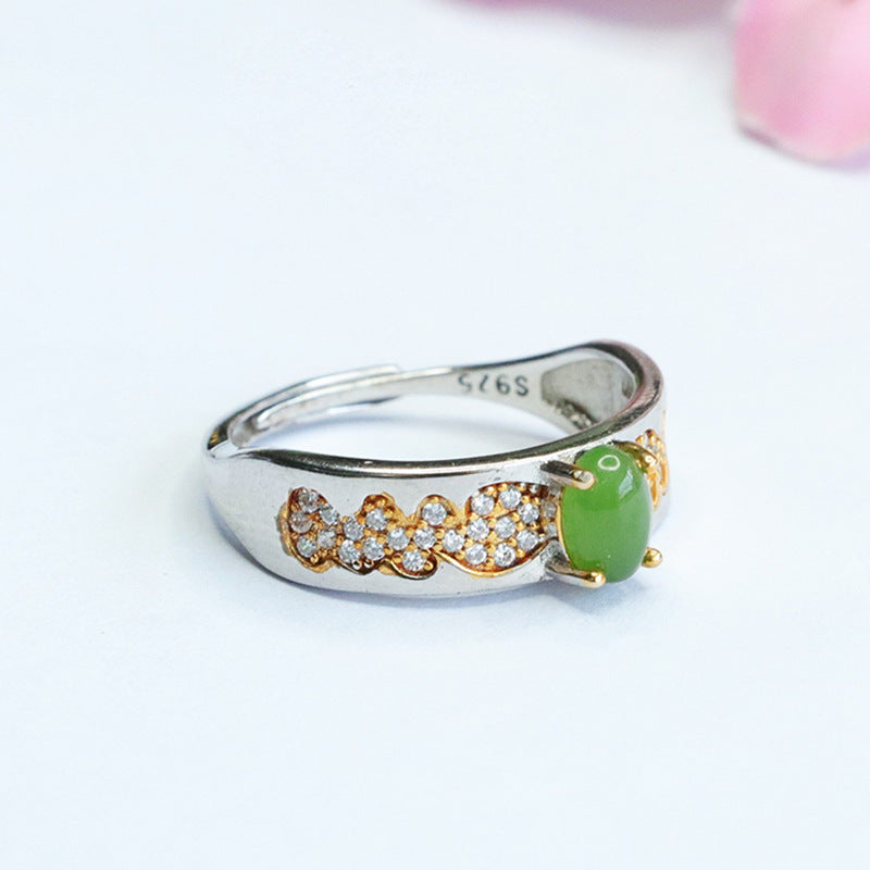 Oval Sterling Silver Jade Ring with Golden Wave Zircon