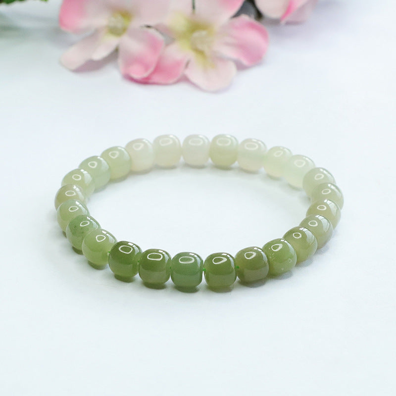 Authentic Hetian Jade Bead Bracelet with Sterling Silver Detail