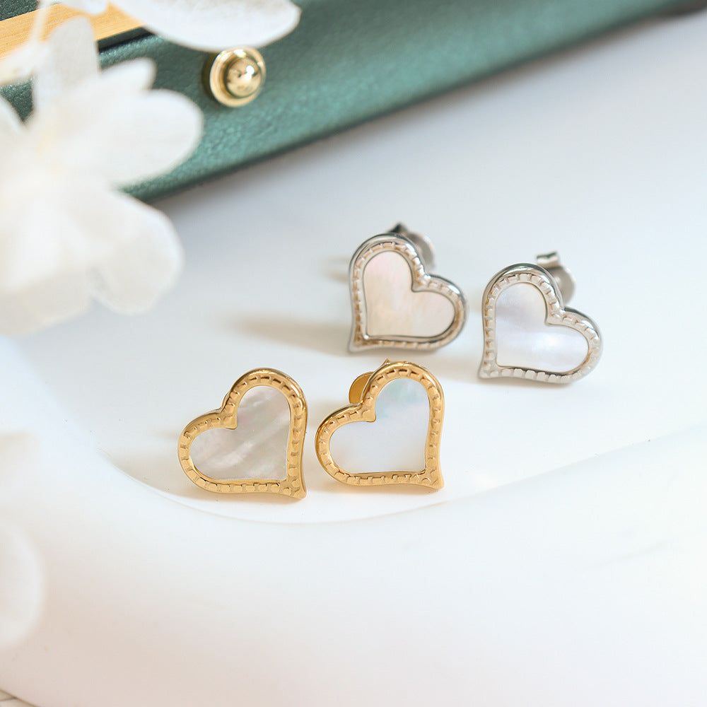 Vintage White Sea Shell Peach Heart Stud Earrings - 18K Gold Plated Women's Titanium Steel Jewelry