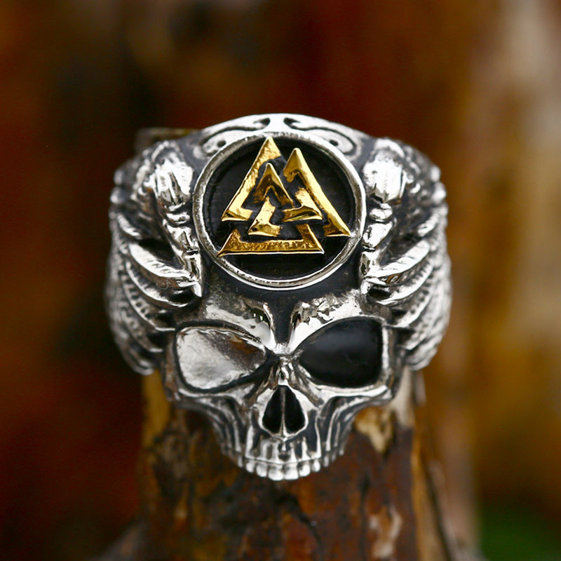 Titanium Steel Viking Triangular Stacked Ring - Punk Style Skull Jewelry for Men