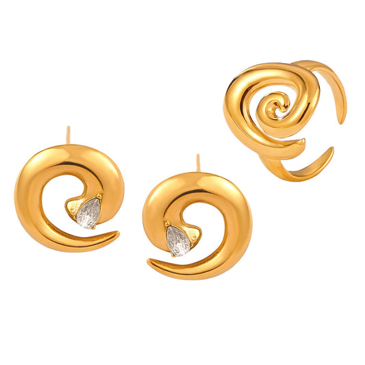 Spiral Twist Japanese-Korean Fusion Zircon Earrings and Ring Set