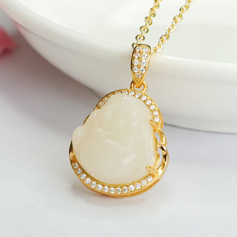 White Jade Buddha Necklace with Zircon in Sterling Silver