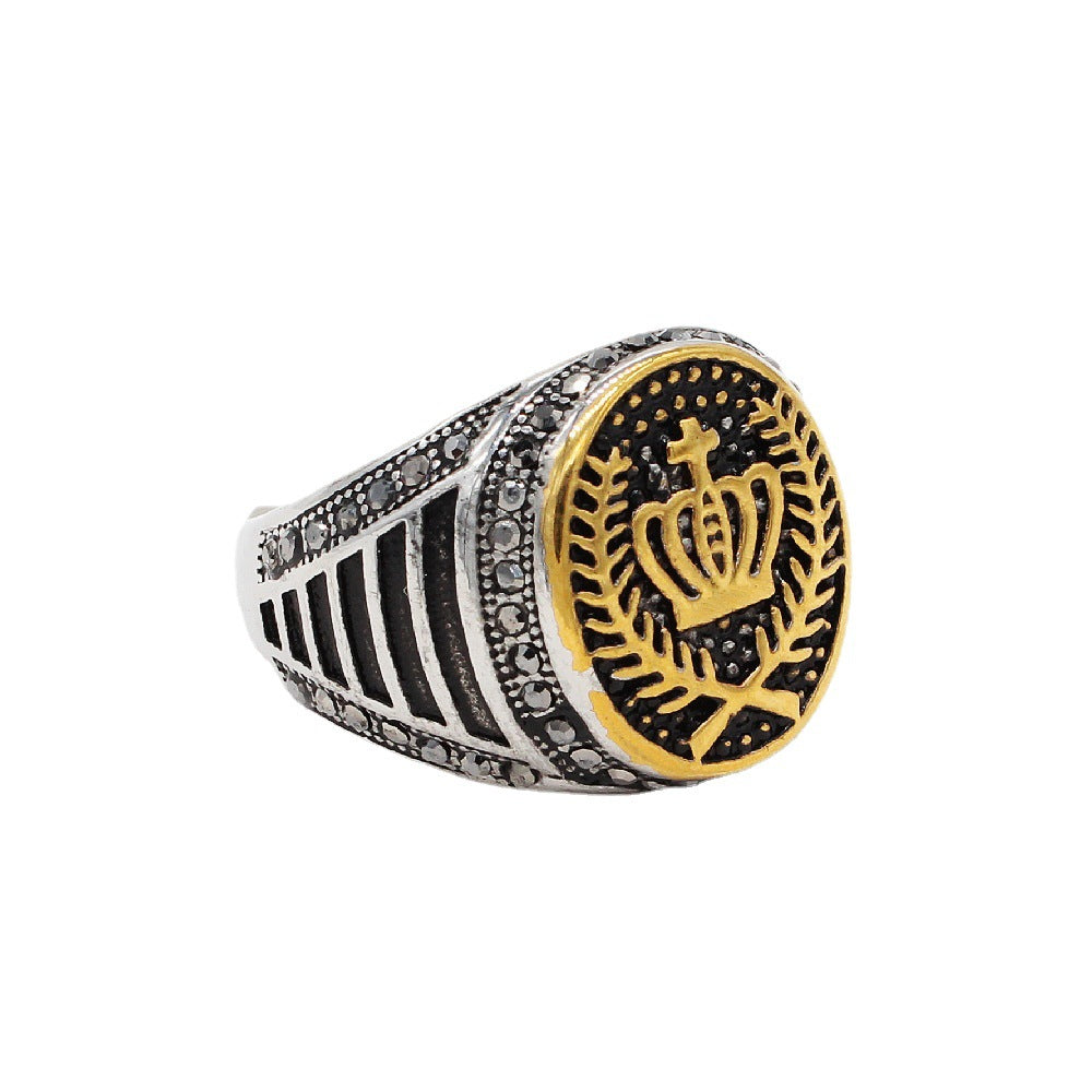 Men's Titanium Steel Crown Ring with European and American Retro Diamond Fashion