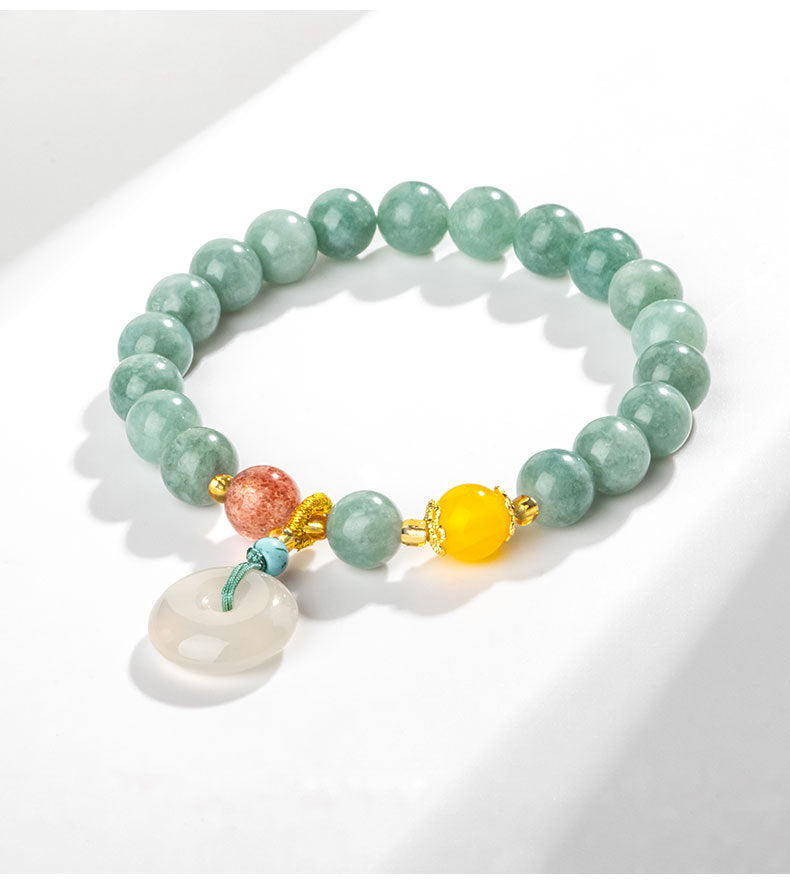 Agate and Crystal Beaded Sterling Silver Bracelet with Fortune's Favor Theme