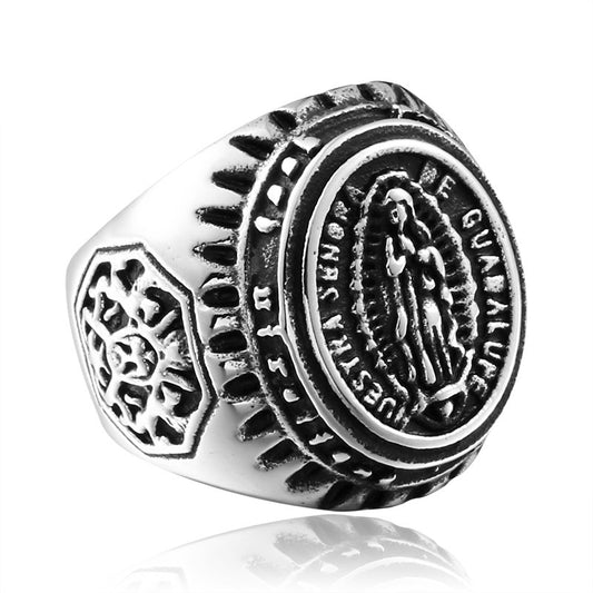 Vintage Virgin Mary Men's Ring in Titanium Steel - Personalized Stainless Steel Handcrafted Jewelry for Men