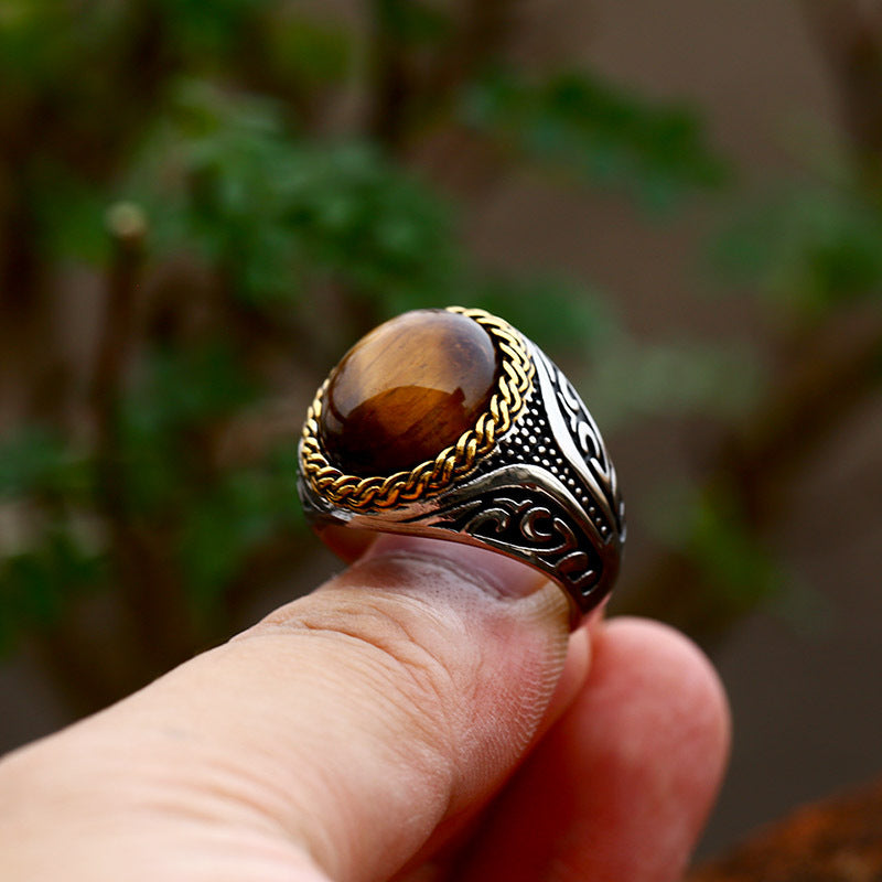 Elegant Tiger's Eye Inlay Ring Crafted from Woven Titanium Steel - Men's Fashion Jewelry