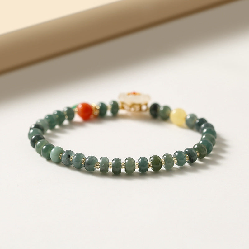 Fortune's Favor S925 Silver and Natural Jade Beaded Bracelet with Small Peach Blossom Design