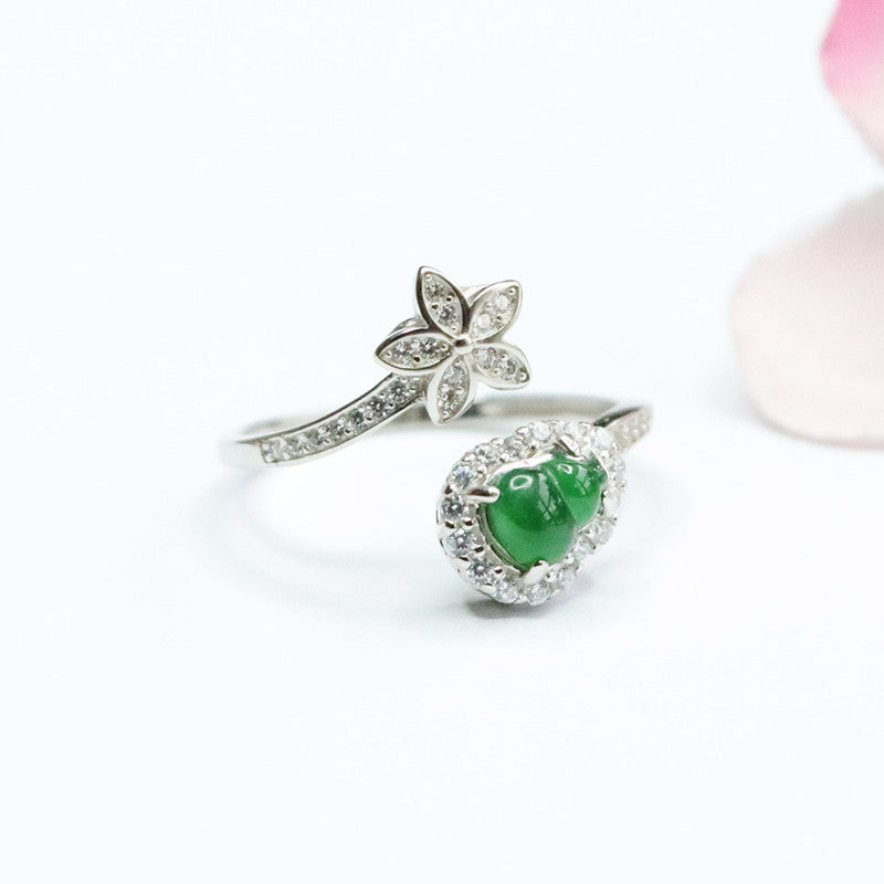 Sterling Silver Adjustable Ice Green Jadeite Gourd Ring with Zircon Flower