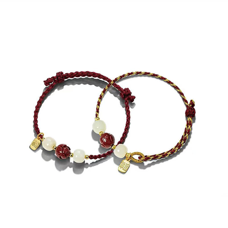 Cinnabar Lotus and Jade Fu Brand Silver Bracelet