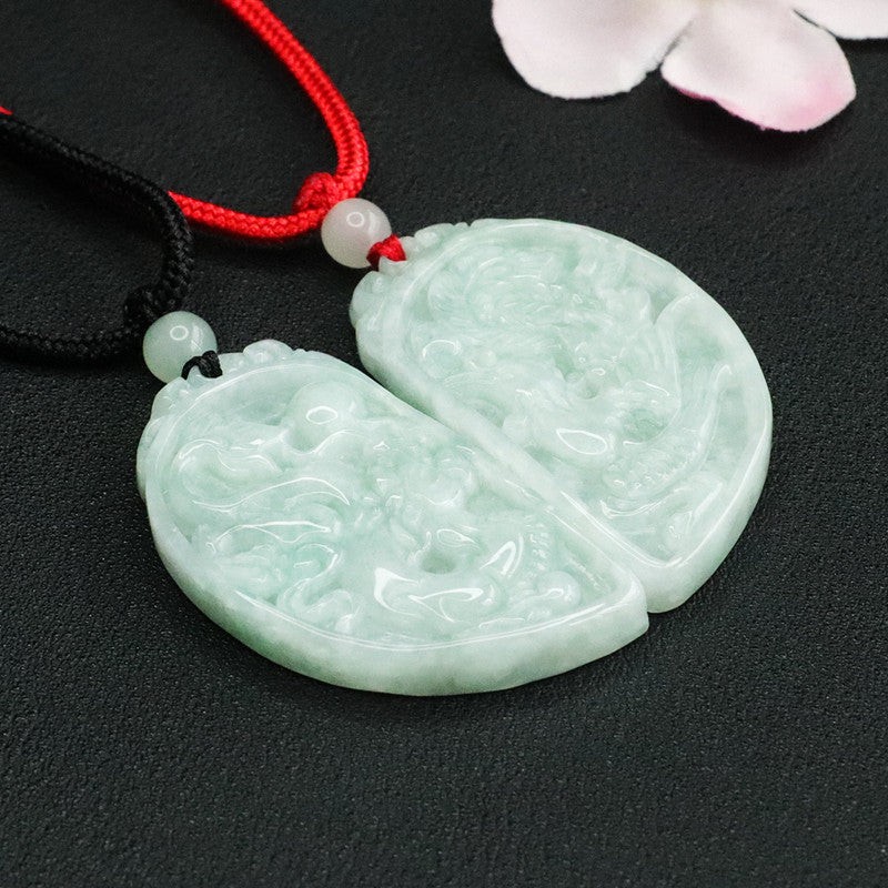 Dragon and Phoenix Jade Pendant Set - Sterling Silver Jade Jewelry