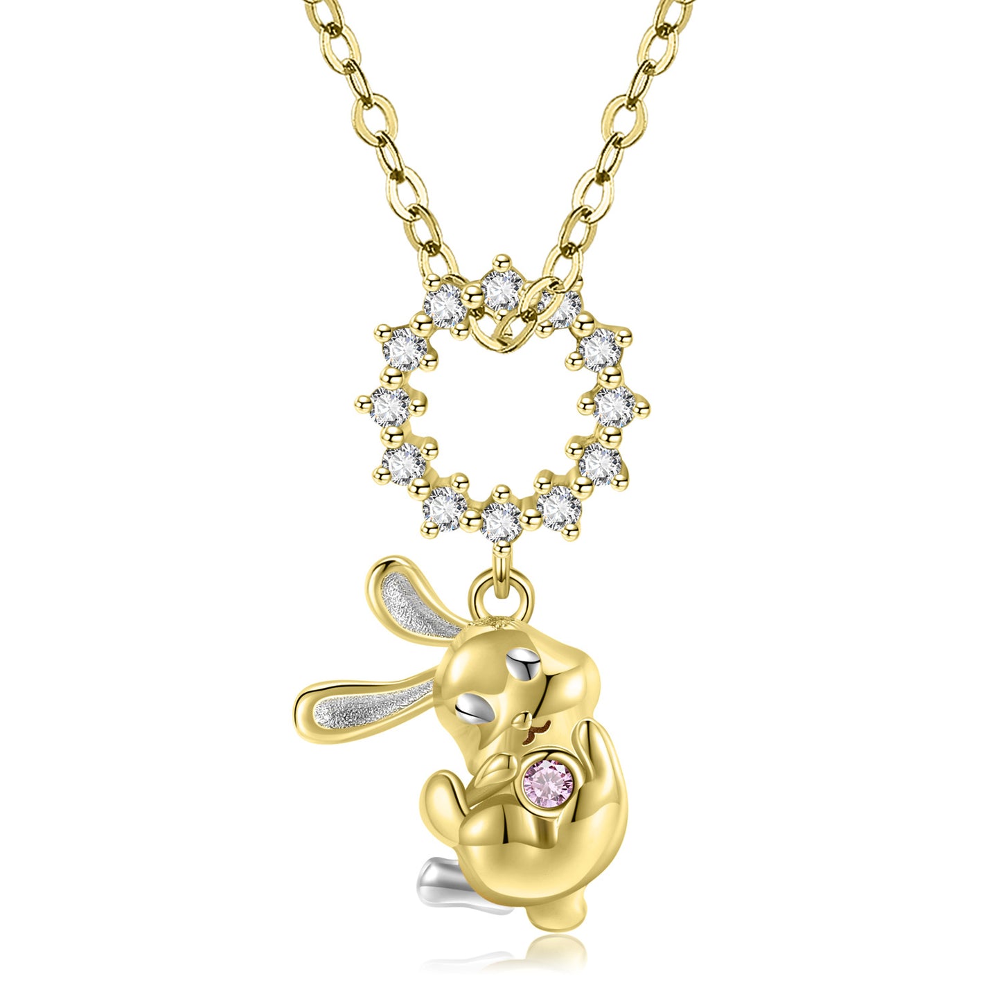 Golden Playful Bunny Pendant Zircon Silver Necklace