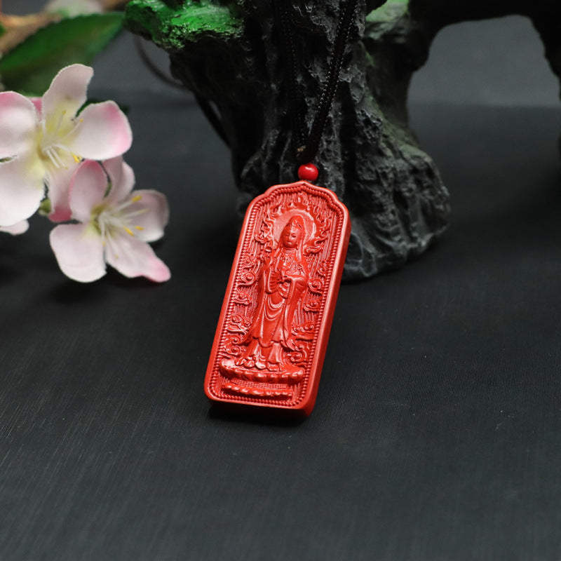 Red Sand Flame Standing Guanyin Pendant with Cinnabar Stone